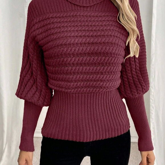 Burgundy Women's Casual Turtleneck Cable Knit Oversized Pullover Sweater - Picture 6 of 6